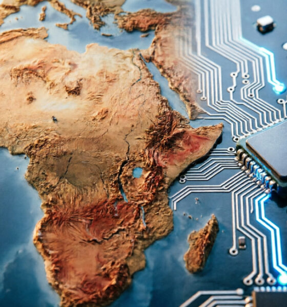 Split-image composition: African map outline on one side, glowing AI circuit board on the other, representing the strategic disconnect between stable growth and participation in the new technology frontier.