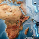 Split-image composition: African map outline on one side, glowing AI circuit board on the other, representing the strategic disconnect between stable growth and participation in the new technology frontier.