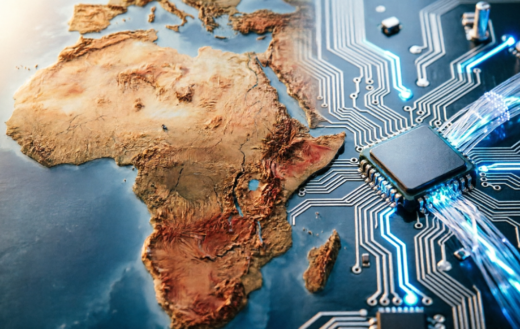 Split-image composition: African map outline on one side, glowing AI circuit board on the other, representing the strategic disconnect between stable growth and participation in the new technology frontier.