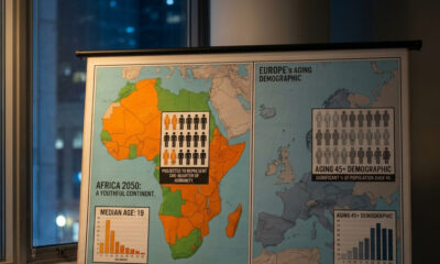 Map showing Africa's projected 2050 population representing one-quarter of humanity with median age of 19 versus Europe's aging 45+ demographic