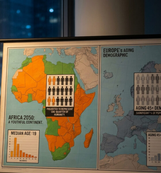 Map showing Africa's projected 2050 population representing one-quarter of humanity with median age of 19 versus Europe's aging 45+ demographic