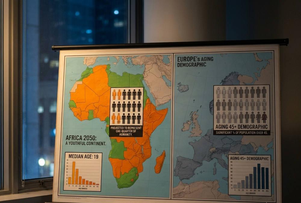 Map showing Africa's projected 2050 population representing one-quarter of humanity with median age of 19 versus Europe's aging 45+ demographic