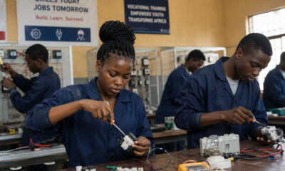 Young African students in a vocational training classroom, representing Africa's shift from traditional education to skills-based learning