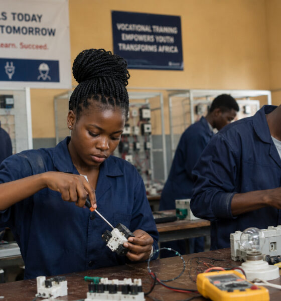 Young African students in a vocational training classroom, representing Africa's shift from traditional education to skills-based learning