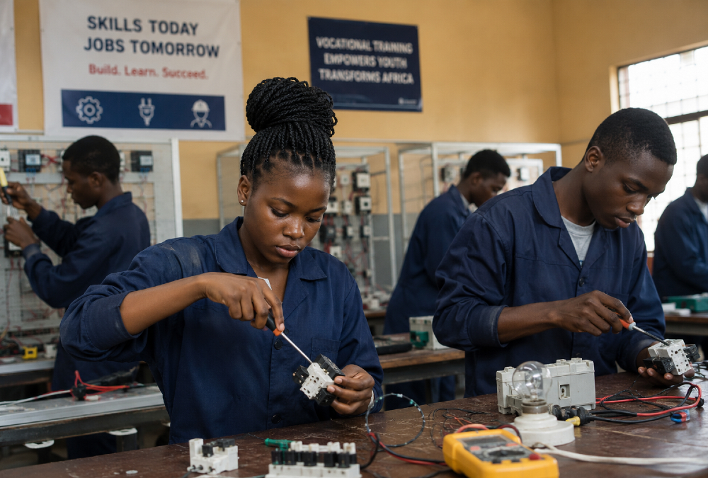 Young African students in a vocational training classroom, representing Africa's shift from traditional education to skills-based learning