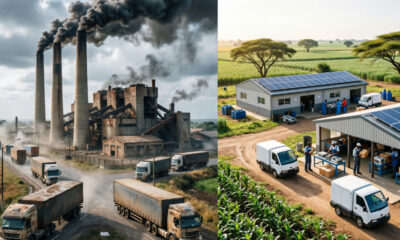 Large smokestack factory contrasted with a decentralized small-scale African industries hub