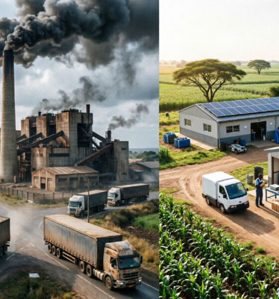 Large smokestack factory contrasted with a decentralized small-scale African industries hub