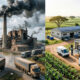Large smokestack factory contrasted with a decentralized small-scale African industries hub