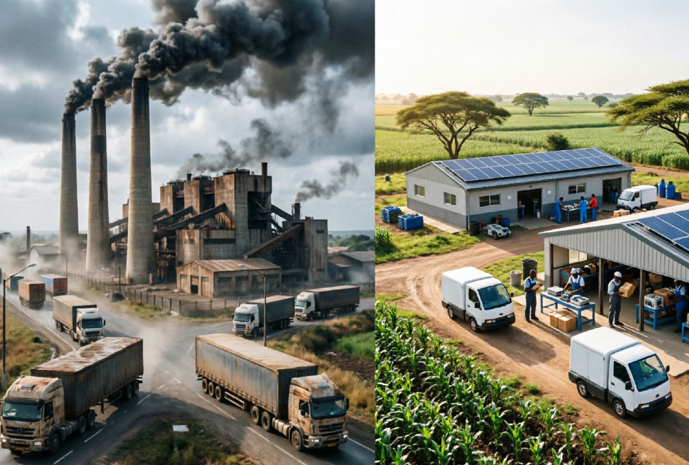 Large smokestack factory contrasted with a decentralized small-scale African industries hub