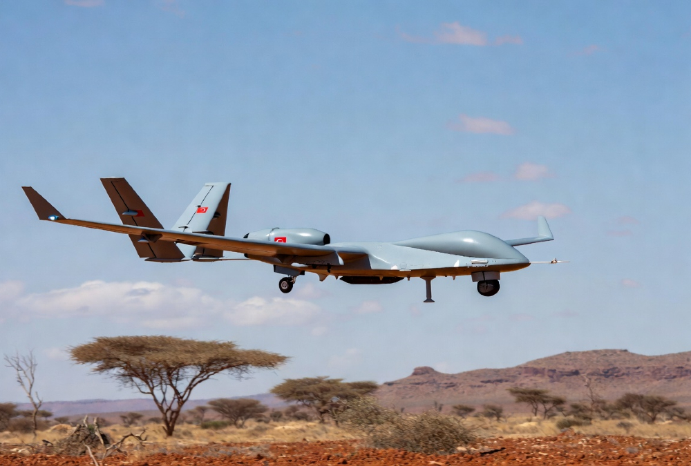 Turkish-made Bayraktar TB2 drone - advanced defense technology increasingly deployed by Sahel military governments