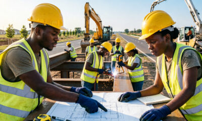 Young African workers building infrastructure and gaining skills, illustrating how unfinished national projects can be converted into lasting jobs and economic opportunity for Africa's youth.