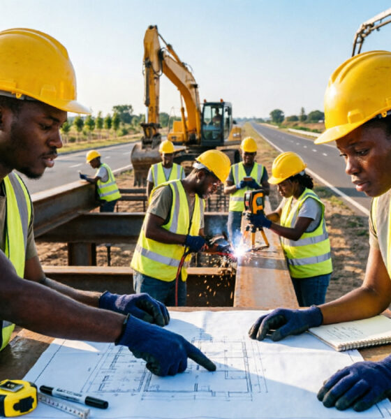 Young African workers building infrastructure and gaining skills, illustrating how unfinished national projects can be converted into lasting jobs and economic opportunity for Africa's youth.