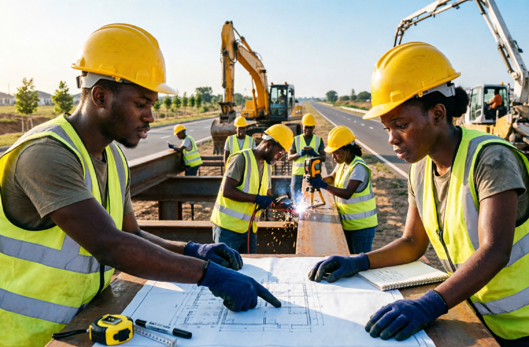 Young African workers building infrastructure and gaining skills, illustrating how unfinished national projects can be converted into lasting jobs and economic opportunity for Africa's youth.