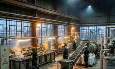 Critical minerals processing facility in Africa showing lithium, cobalt, or copper refinement operations, representing the continent's move toward domestic industrialization