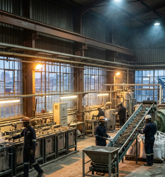 Critical minerals processing facility in Africa showing lithium, cobalt, or copper refinement operations, representing the continent's move toward domestic industrialization