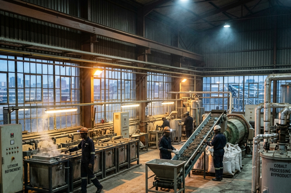 Critical minerals processing facility in Africa showing lithium, cobalt, or copper refinement operations, representing the continent's move toward domestic industrialization