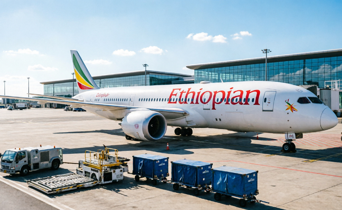 Ethiopian Airlines cargo freighter loading operations at Bole International Airport