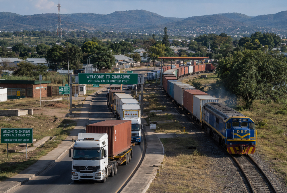Freight trucks and rail lines passing through Zimbabwe, illustrating its role as a vital transit hub for Southern African regional trade and logistics
