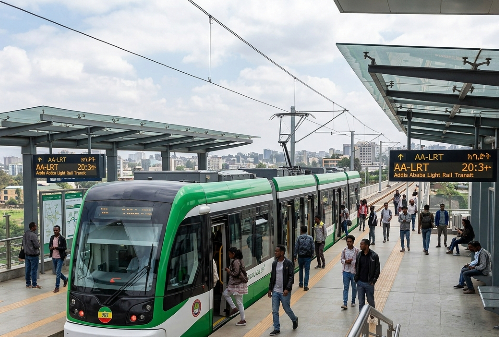 Addis Ababa Light Rail Transit train at modern station platform with commuters, Ethiopia's first electrified light rail system in Sub-Saharan Africa