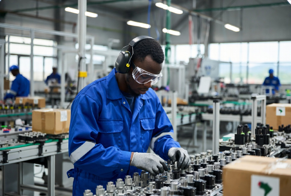 African industrial worker assembling components in a modern factory as part of regional supply chain development under the AfCFTA.
