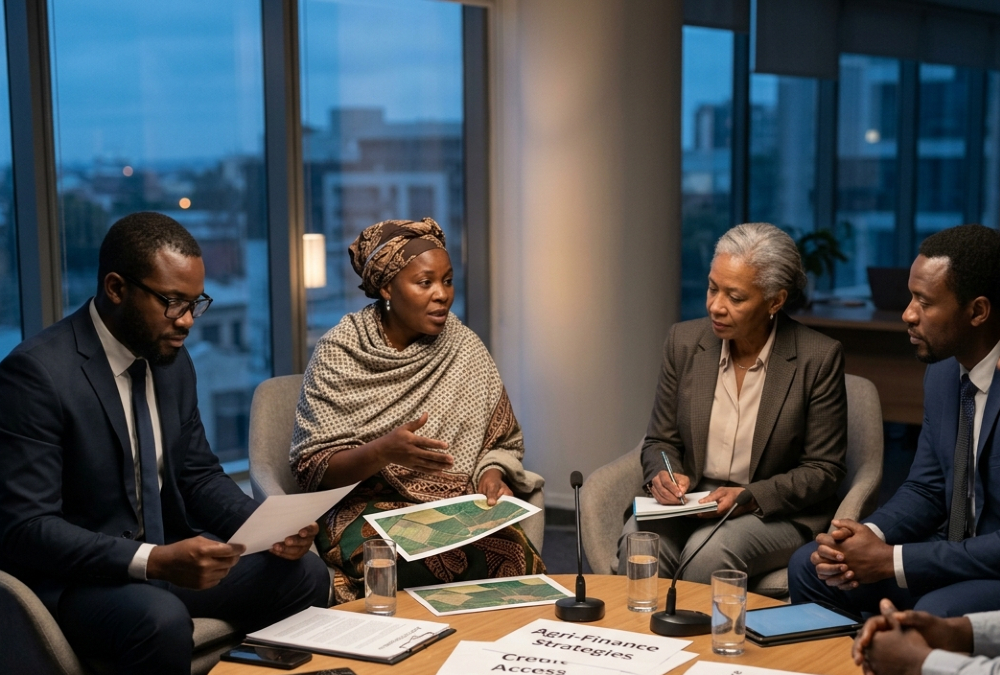 Diverse group of African bankers, farmers, and policymakers seated together at a roundtable discussion on agriculture financing gap solutions