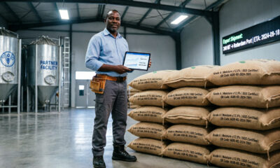 African farmer at a certified grain warehouse, symbolizing the BSE-DMCC partnership's impact on African agricultural commodity trading