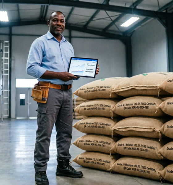 African farmer at a certified grain warehouse, symbolizing the BSE-DMCC partnership's impact on African agricultural commodity trading