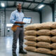 African farmer at a certified grain warehouse, symbolizing the BSE-DMCC partnership's impact on African agricultural commodity trading