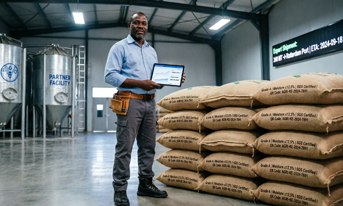 African farmer at a certified grain warehouse, symbolizing the BSE-DMCC partnership's impact on African agricultural commodity trading