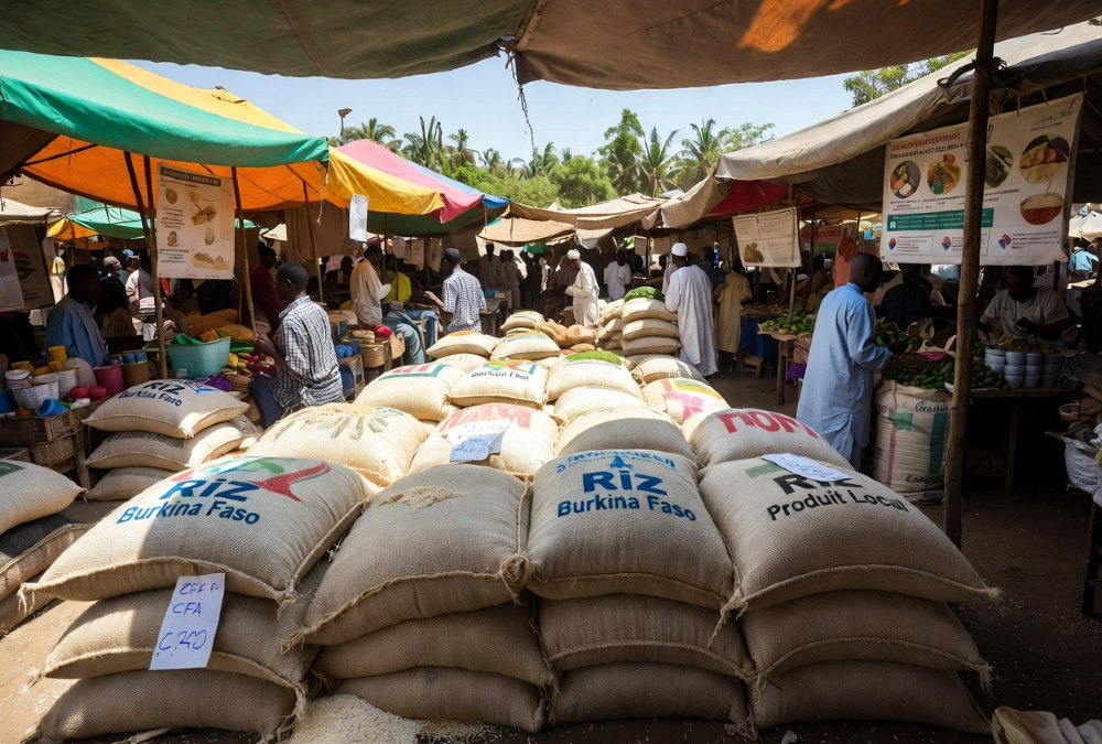 Burkina Faso rice sacks in a West African market, highlighting the impact of the rice import ban on regional trade and food sovereignty.