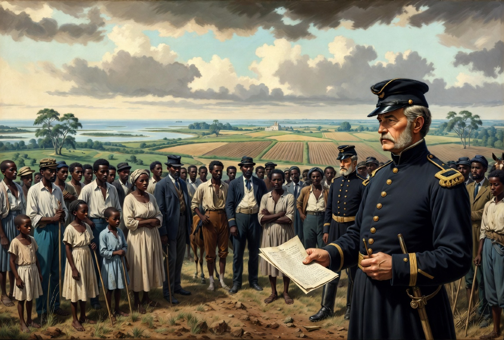 Reparations for slavery history: Union General Sherman's Special Field Order No. 15 promising "40 acres and a mule" to freed African American families in 1865.