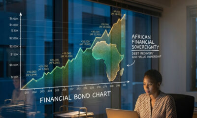 Illustration representing African financial sovereignty, showing a rising graph or bond chart with the African continent, symbolizing debt recovery and value ownership.