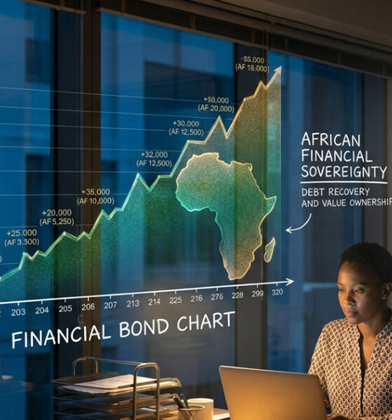 Illustration representing African financial sovereignty, showing a rising graph or bond chart with the African continent, symbolizing debt recovery and value ownership.
