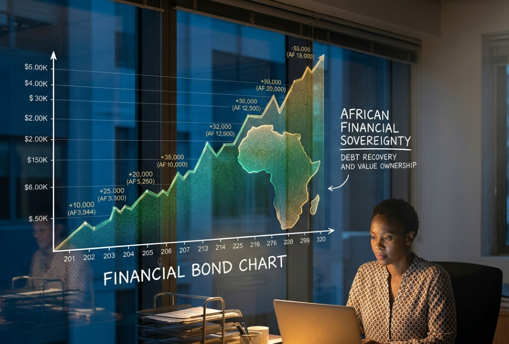 Illustration representing African financial sovereignty, showing a rising graph or bond chart with the African continent, symbolizing debt recovery and value ownership.