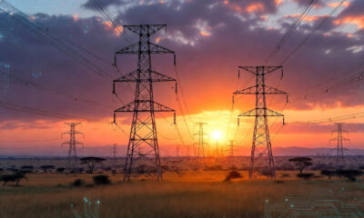 African power grid transmission lines at sunset symbolizing Africa's AI energy strategy and gigawatt-scale infrastructure powering the continent's AI economy