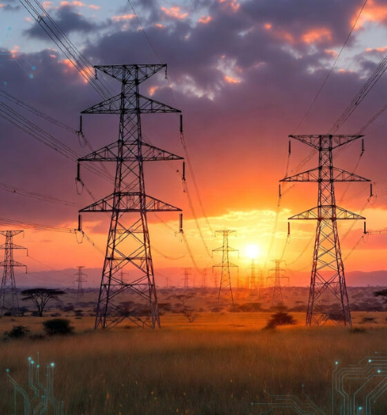 African power grid transmission lines at sunset symbolizing Africa's AI energy strategy and gigawatt-scale infrastructure powering the continent's AI economy