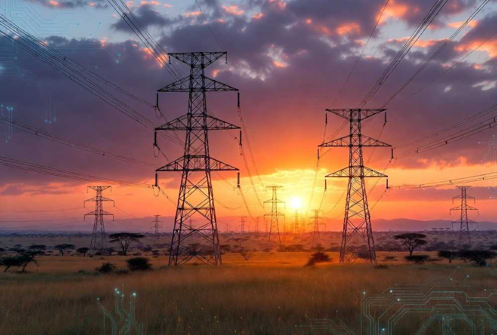 African power grid transmission lines at sunset symbolizing Africa's AI energy strategy and gigawatt-scale infrastructure powering the continent's AI economy