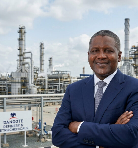 Aliko Dangote, chairman of Dangote Group, standing before the Dangote Refinery near Lagos, Nigeria, as part of the company's $100 billion expansion plan