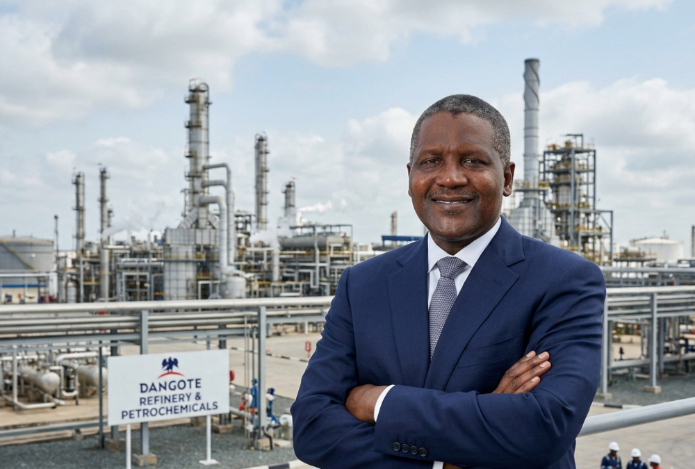 Aliko Dangote, chairman of Dangote Group, standing before the Dangote Refinery near Lagos, Nigeria, as part of the company's $100 billion expansion plan