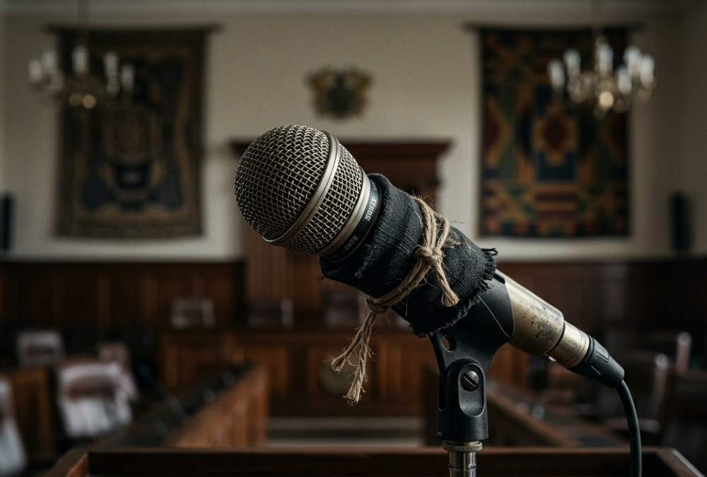 A silenced microphone symbolizing ethical surrender and quiet complicity in Africa's leadership and institutional crisis.