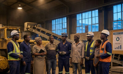 African mine workers and community members standing together near industrial machinery, symbolizing conscious capitalism and equitable economic development in Africa