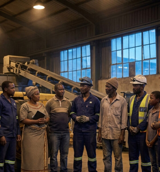 African mine workers and community members standing together near industrial machinery, symbolizing conscious capitalism and equitable economic development in Africa
