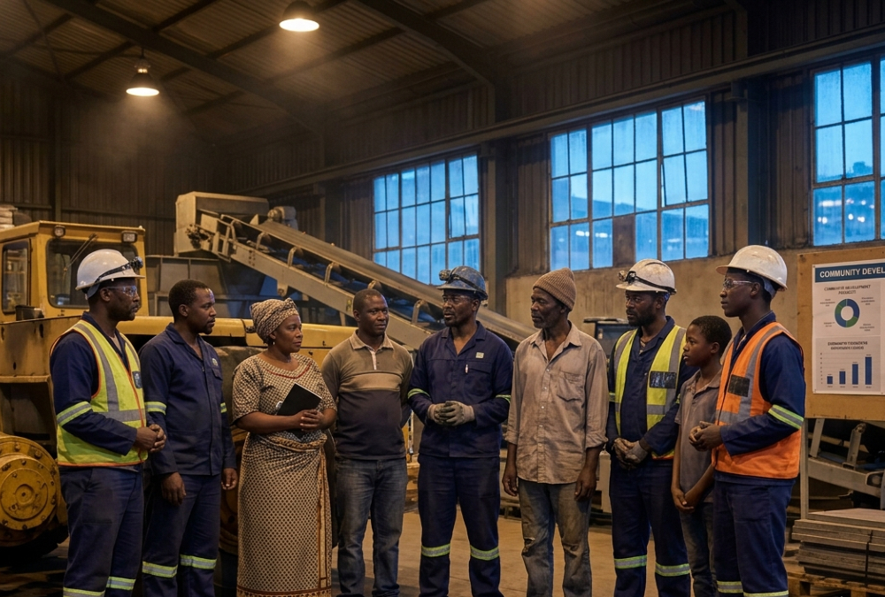 African mine workers and community members standing together near industrial machinery, symbolizing conscious capitalism and equitable economic development in Africa