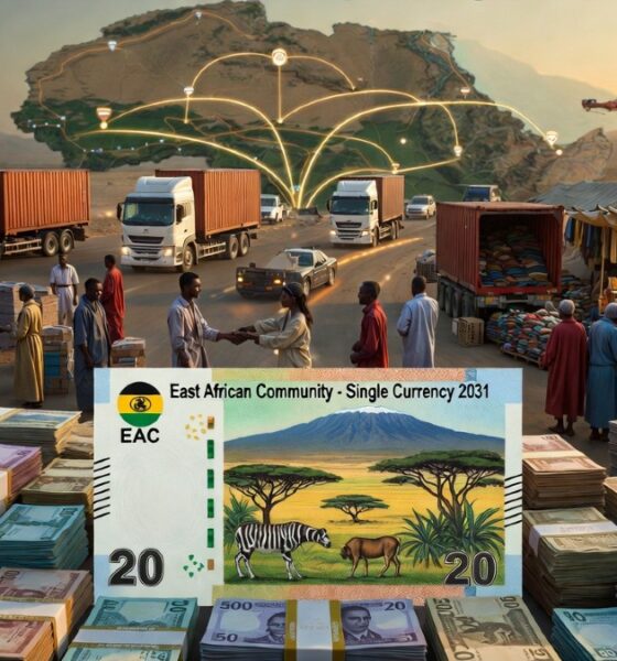 Conceptual image of East African currency and cross-border trade, symbolizing the EAC single currency goal for 2031.