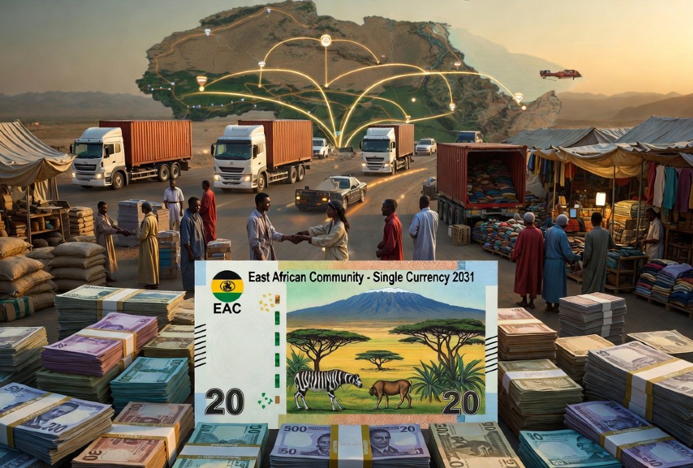 Conceptual image of East African currency and cross-border trade, symbolizing the EAC single currency goal for 2031.