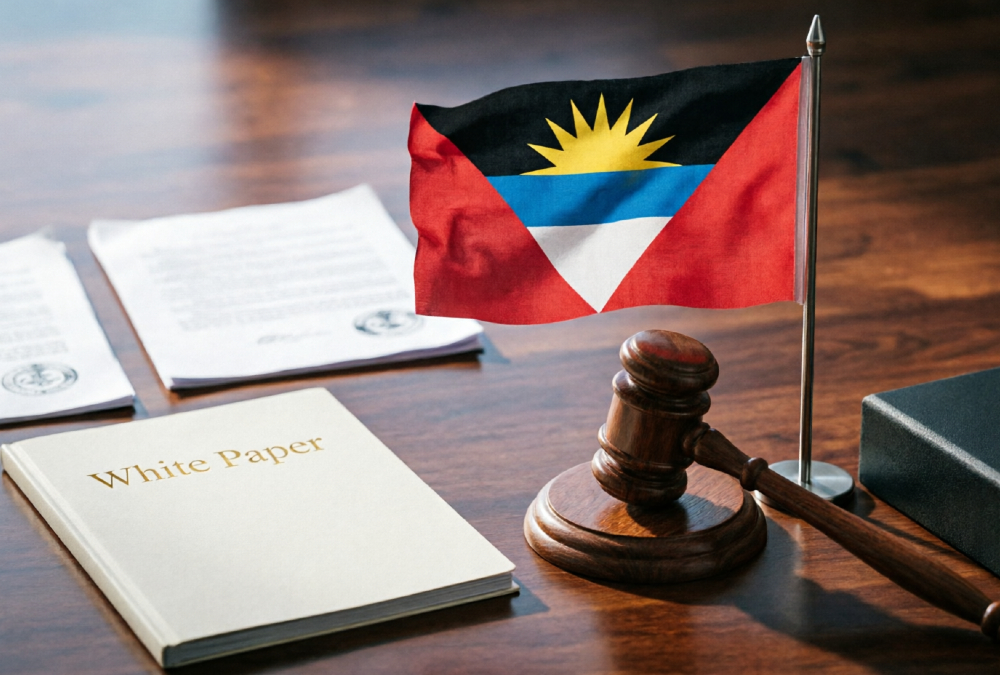 Antigua and Barbuda flag beside a courthouse gavel, symbolizing the nation's sovereign stand on U.S. Third-Country Nationals deportation talks