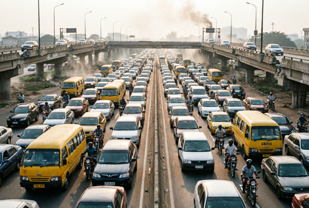 Traffic congestion on Lagos highway illustrating the disconnected infrastructure that creates Africa's serendipity tax and limits economic collisions