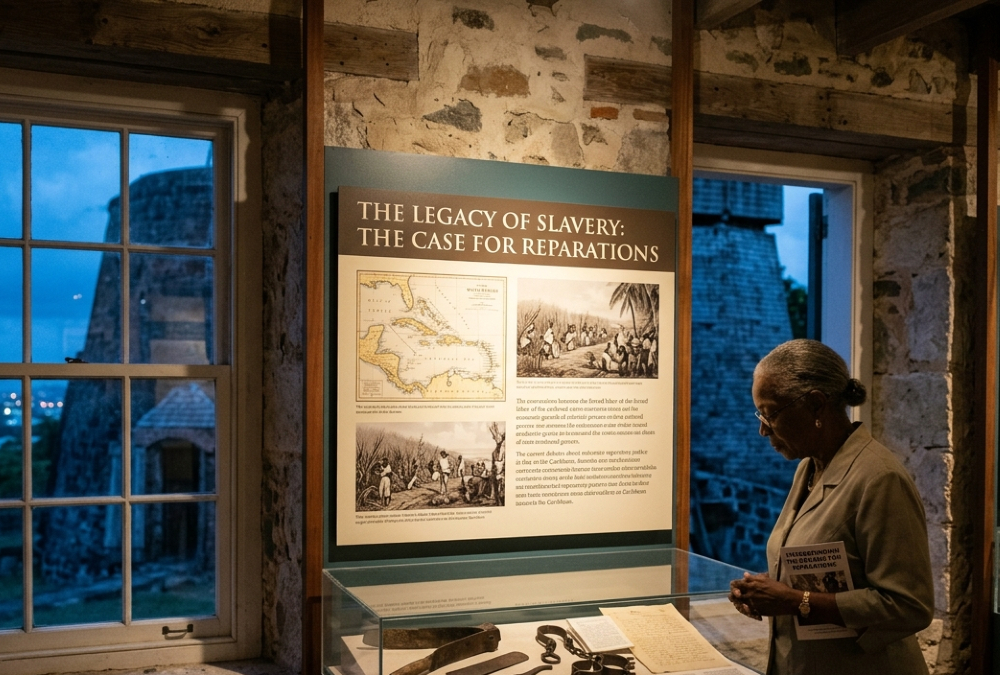 Historic sugar plantation in the Caribbean representing the legacy of slavery behind today's Caribbean slavery reparations debate