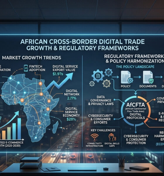 Infographic illustrating cross-border digital trade growth and regulatory frameworks in African markets