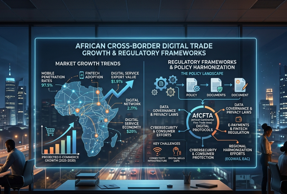 Infographic illustrating cross-border digital trade growth and regulatory frameworks in African markets